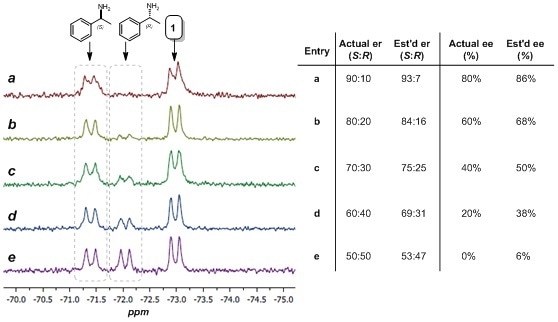 Estimation of er and ee using 19F NMR spectroscopy. Left: 60 MHz 19F NMR spectra (64 scans) of complex 1 (ca. 10 mM in CDCl3) with (R)-α-methylbenzylamine and (S)-α-methylbenzylamine (ca. 8 mM total). Right: Actual and estimated er and ee values.