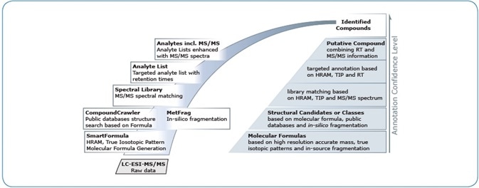 In MetaboScape 2.0, compound identification is supported by a variety of (semi-)automated tools, which are highly integrated and enable the creation of annotations at increasing levels of specificity and confidence.