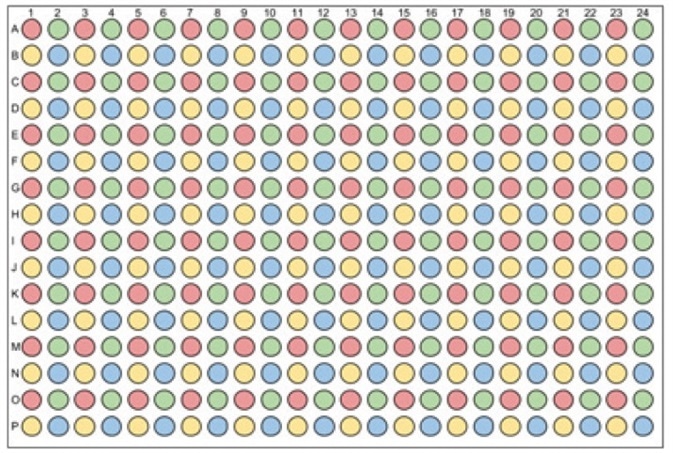 384-well PCR DNA source plate. DNA will be transferred from a 384-well PCR source plate to a 96-well destination plate. One 384-well PCR DNA source plate can be used to store DNA for up to four 96-well transformations. To enable transfer to a 96-well plate, DNA should be added to the 384-well plate in quadrants: red = quadrant A1; green = quadrant A2; yellow = quadrant B1; blue = quadrant B2.