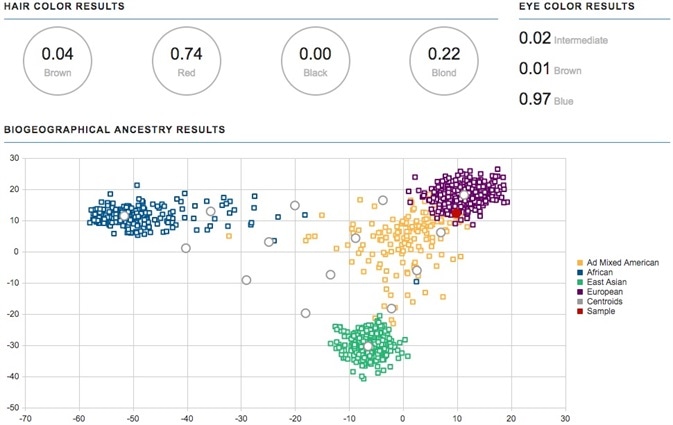 Phenotype and biogeographical ancestry estimation - Hair color, eye color and biogeographical ancestry estimation in the ForenSeq Universal Analysis software for degraded blood with 90 pg input and DI of 16 (sample indicated with red dot).