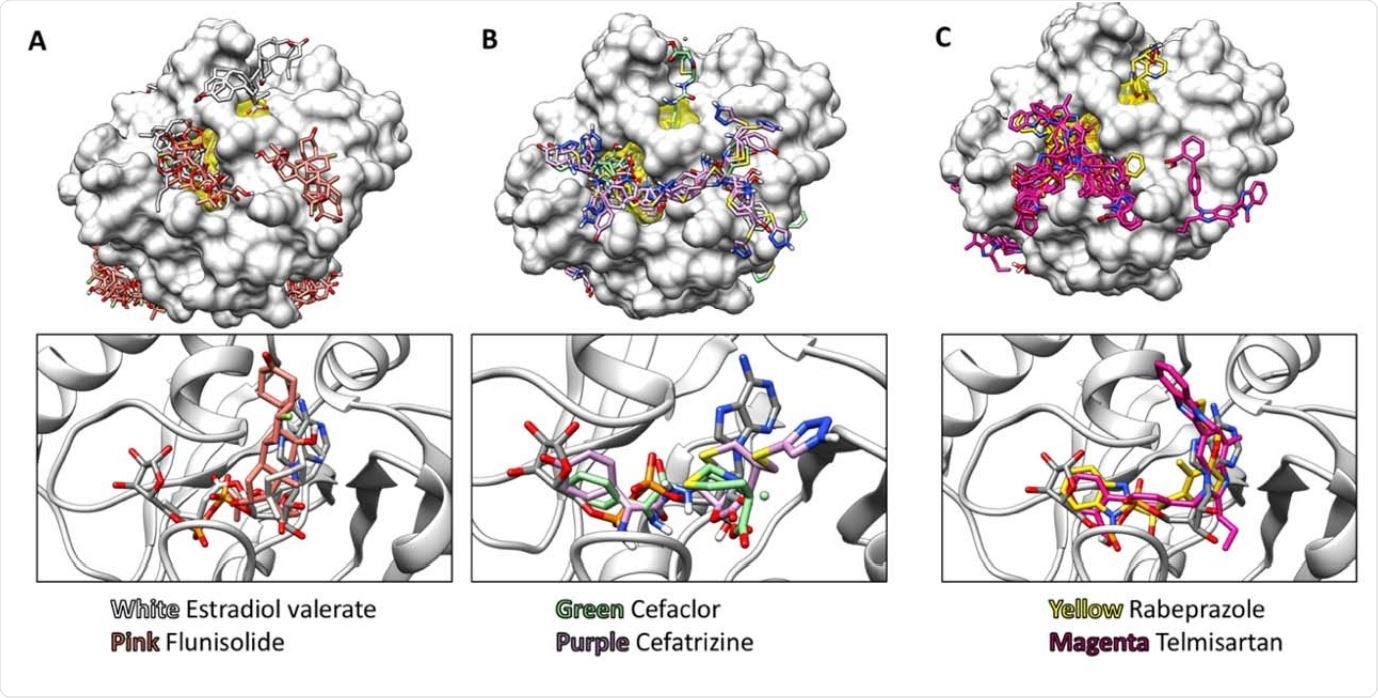 Representative Structures obtained using AutoDock Vina Virtual Screening. Top panels show the top 20 binding modes for selected compounds, and the bottom panels show the top binding mode for each compound compared to the ADP-ribose bound in PDB file 6W02. The ADP-ribose binding cleft is highlighted in yellow on the protein surfaces shown in the top panels. Results are shown for (A) two steroids, (B) two lactam antibiotics, and (C) two benzimidazoles in the NIH clinical collection. Structures are displayed using UCSF-Chimera.