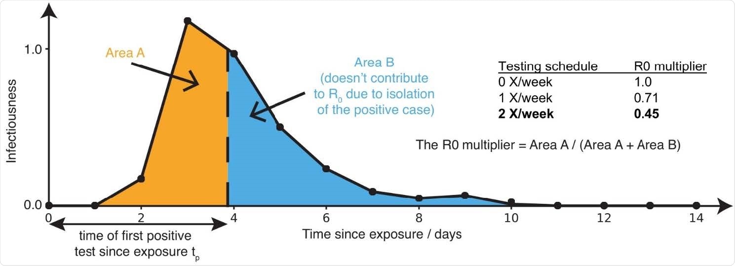 Sensitive testing can reveal a positive case early in the infection, and thus isolation of the index case reduces the number of people infected by this index case. Frequent testing and rapid isolation reduce the time period during which a person is infectious but not isolated (Area A). As a result, the R0 multiplier for testing is the ratio between the truncated area under the curve (Area A) and the untruncated area under the curve (Area A + Area B). The dashed vertical line between Area A and Area B represents the moment an infected individual is isolated; as this line moves to the left, M is decreased, and viral spread is reduced.