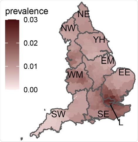 Neighbourhood prevalence of swab-positivity for round 8. Neighbourhood prevalence calculated from nearest neighbours (the median number of neighbours within 30km in the study). Average neighbourhood prevalence displayed for individual lower-tier local authorities. Regions: NE = North East, NW = North West, YH = Yorkshire and The Humber, EM = East Midlands, WM = West Midlands, EE = East of England, L = London, SE = South East, SW = South West. Data for unweighted point estimate of prevalence available in the supplementary data file.