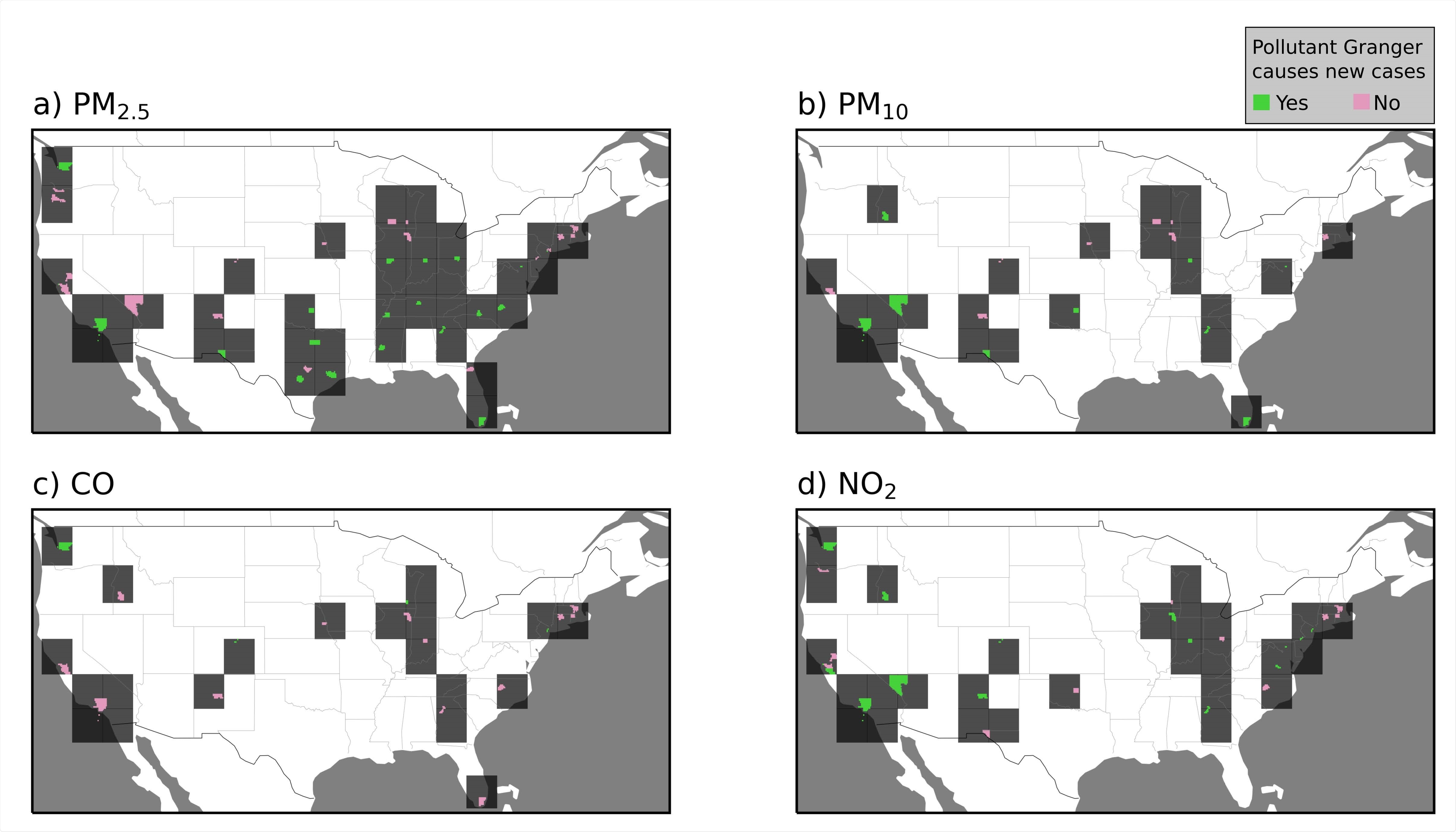 Spatial distribution of the Granger causality test between pollutants concentrations and COVID-19 new cases in USA counties. Counties where the p-values of the Granger F-test are green when below 0.05 and pink when above. Dark gray squares were plotted around colored counties to facilitate their visualization.