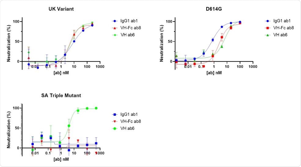Neutralization assay of our antibodies against pseudo typed viruses carrying S proteins carrying different mutations.