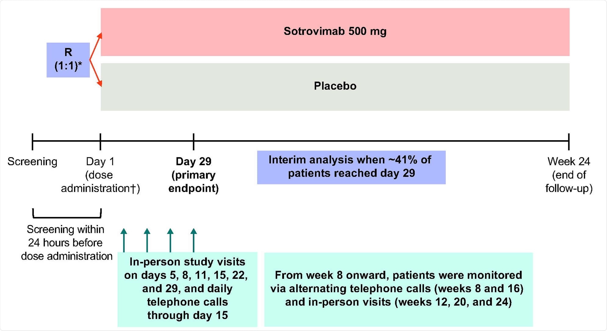 Study design. R denotes randomization. *Patients were stratified by age (≤70 vs. >70 years), symptom duration (≤3 days vs. 4-5 days), and region. †Study pharmacists reconstituted and dispensed all study medications within equal time frames to maintain blinding.