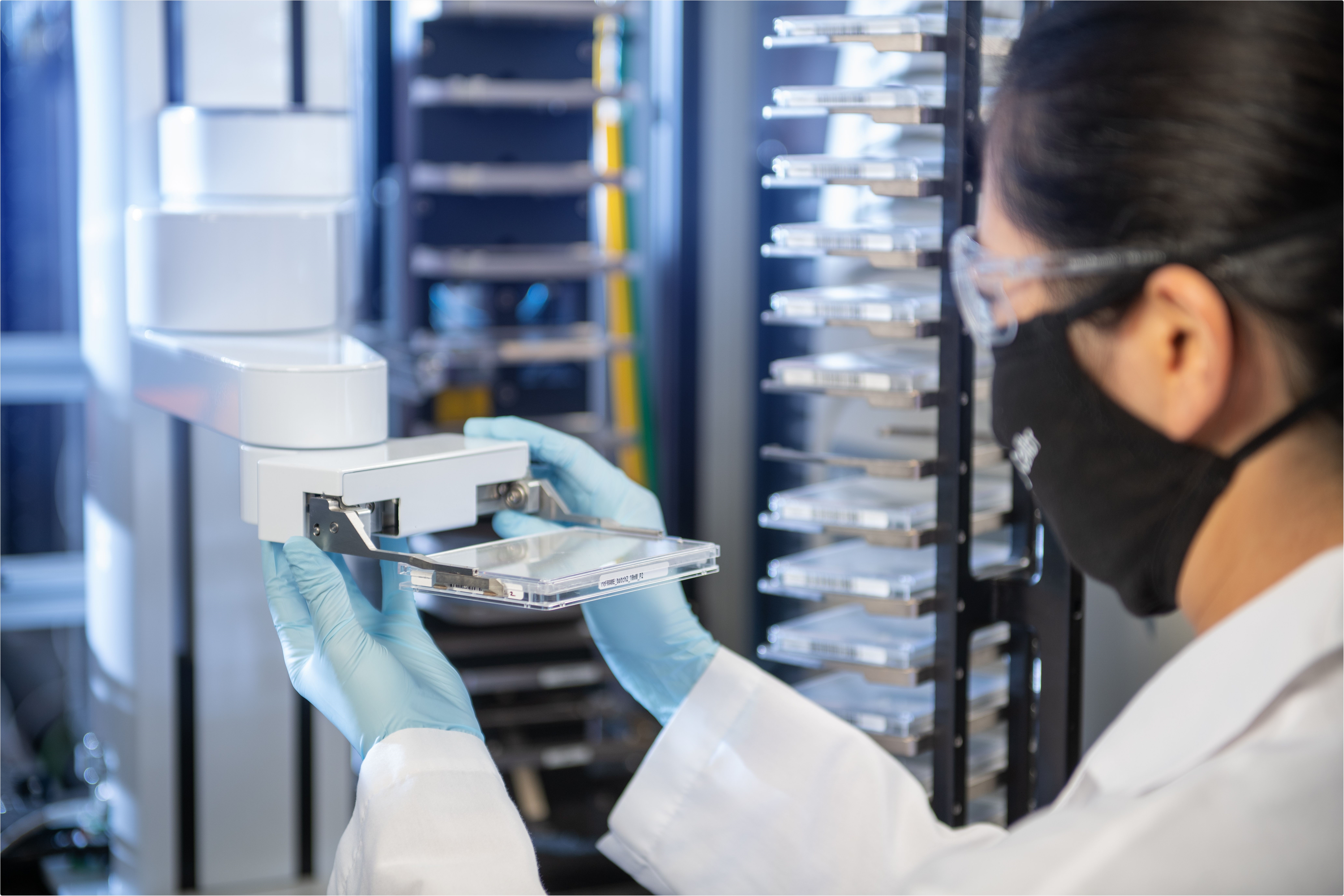 A researcher at Calibr, the drug discovery division of Scripps Research, working in the high-throughput screening facility used to identify potential COVID-19 therapies.