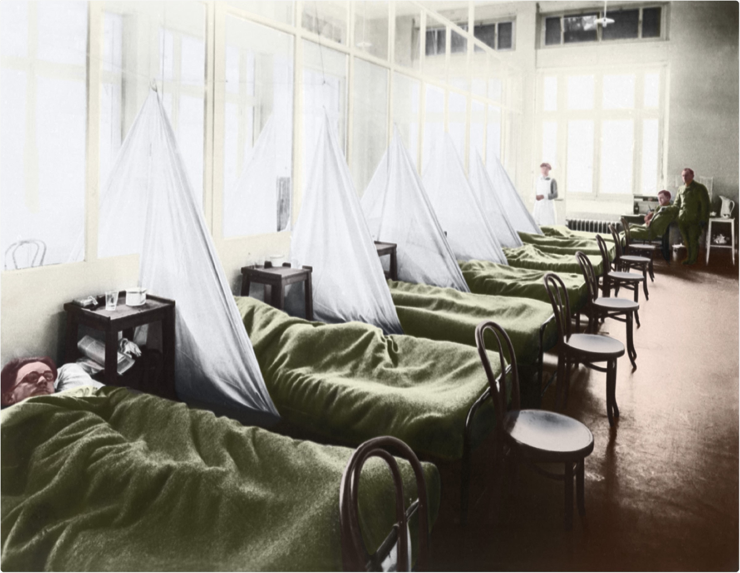 An influenza ward at the U S Army Camp Hospital in Aix-les-Bains France during the Spanish Flu epidemic of 1918-20. Image Credit: Everett Collection