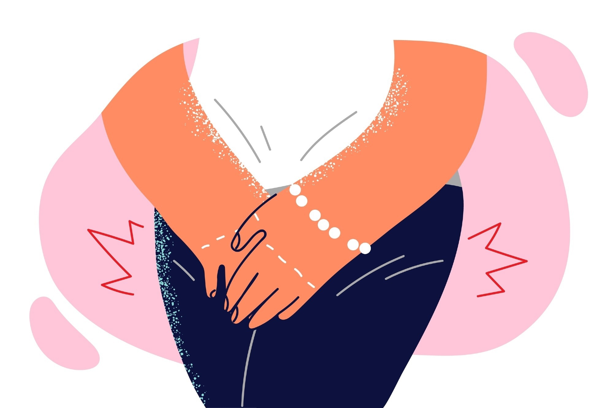 Illustration of a person holding their lower abdomen with both hands, suggesting discomfort or pain, with abstract shapes and red zigzag lines representing pain radiating from the area.