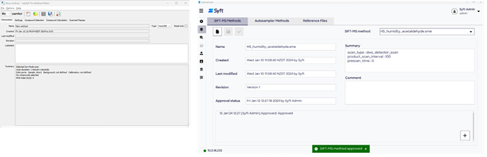 Clockwise from top left: the Method Editor from the LabSyft software suite, the SIFT-MS Methods tab in SyftAuditTracer, and the Autosampler Methods tab in SyftAuditTracer