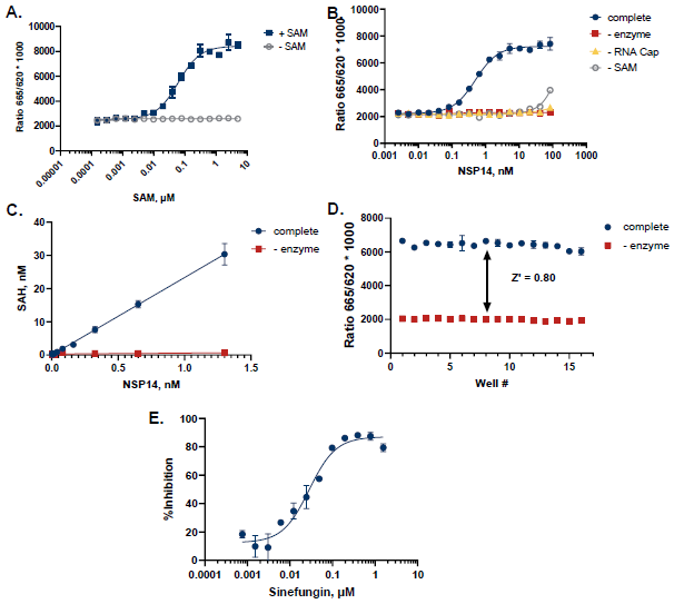Case Study for NSP14. A. SAM titration showed apparent Km at 60 nM B. NSP14 was titrated in the presence of 100 nM SAM and 50 µM of a G(5