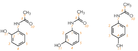 Molecular structures for the hydroxyacetanilide isomers, ortho (left), meta (centre), and para (right).