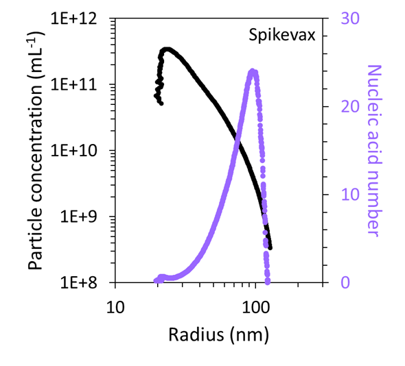 FFF-MALS can quantify the number and concentration of particles with a specific size and mRNA content in the Comirnaty (top) and Spikevax (bottom) samples