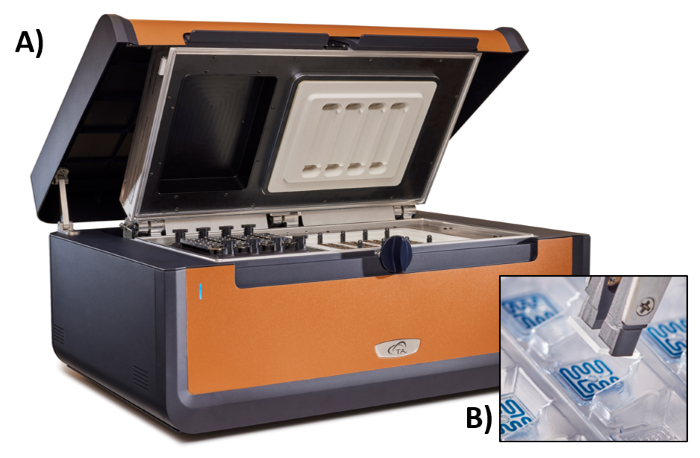 A) TA Instruments RS-DSC and B) disposable microfluidic chip (MFC) and cover slip