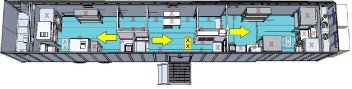 Yellow rectangle shows location of the tile, arrows represent the location of the distribution heads and direction of spray