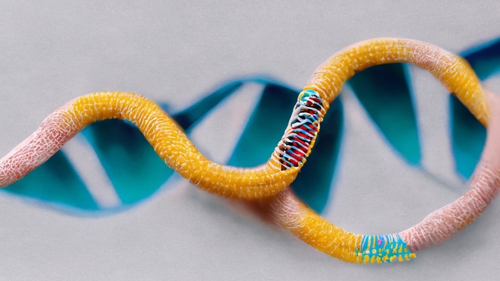 A digitally rendered close-up of a DNA double helix with a damaged or mutated section. The DNA strand appears textured, with yellow and pink hues, and a highlighted damaged region displaying broken and misaligned base pairs in red, blue, and white. The background features an out-of-focus blue DNA helix.