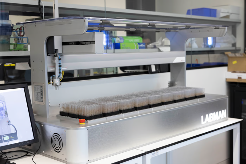 Large piece of Labman technology, holding multiple test tubes to test fly pupae.