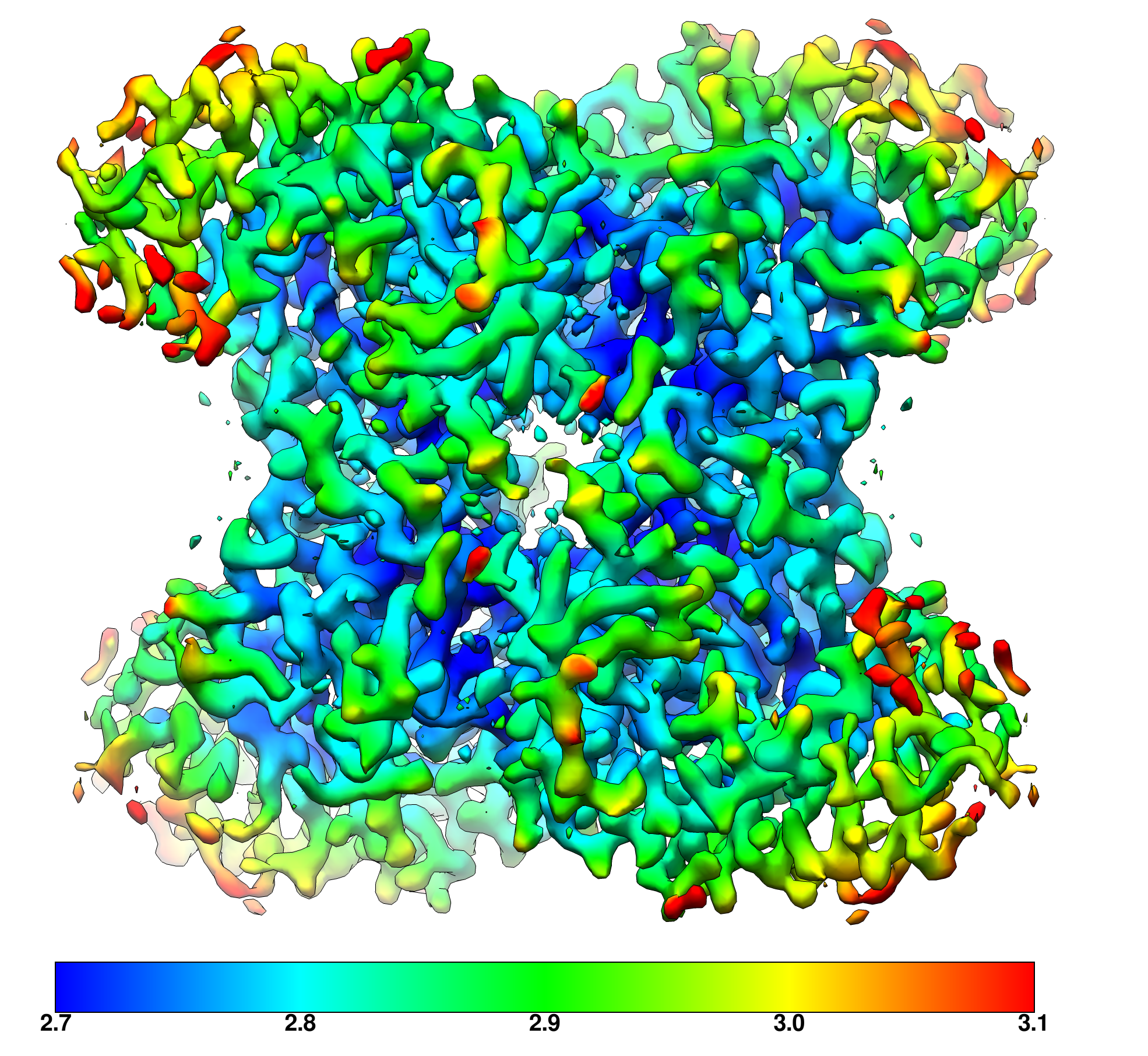 Aldolase resolved to 3.07 Å at 100 keV.