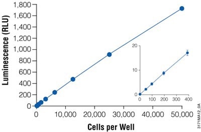 CellTiter-Glo® Assay offers <10 cell sensitivity; Up to 5 logs linear range.
