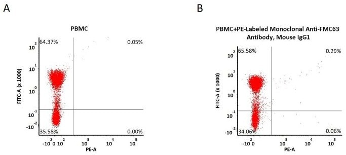 Non-specificity of PE-Labeled Monoclonal Anti-FMC63 Antibody, Mouse IgG1 (Cat. No. FM3-HPY53) binding to CD3+ cells present in human PBMC. Human PBMCs were simultaneously stained with FITC-labeled anti-CD3 antibody and PE-Labeled Monoclonal Anti-FMC63 Antibody, Mouse IgG1 (2 μL of the antibody stock solution corresponds to labeling of 5e5 cells in a final volume of 100 µL), washed, and then analyzed with FACS. Both FITC and PE positive signals was used to evaluate the non-specific binding activity to human CD3+ cells (QC tested).