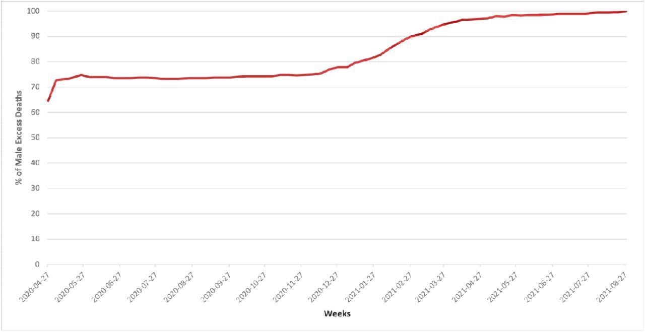 Proportion of the total difference between the number of male and female deaths that was accrued week by week between March 14, 2020 and August 28, 2021.