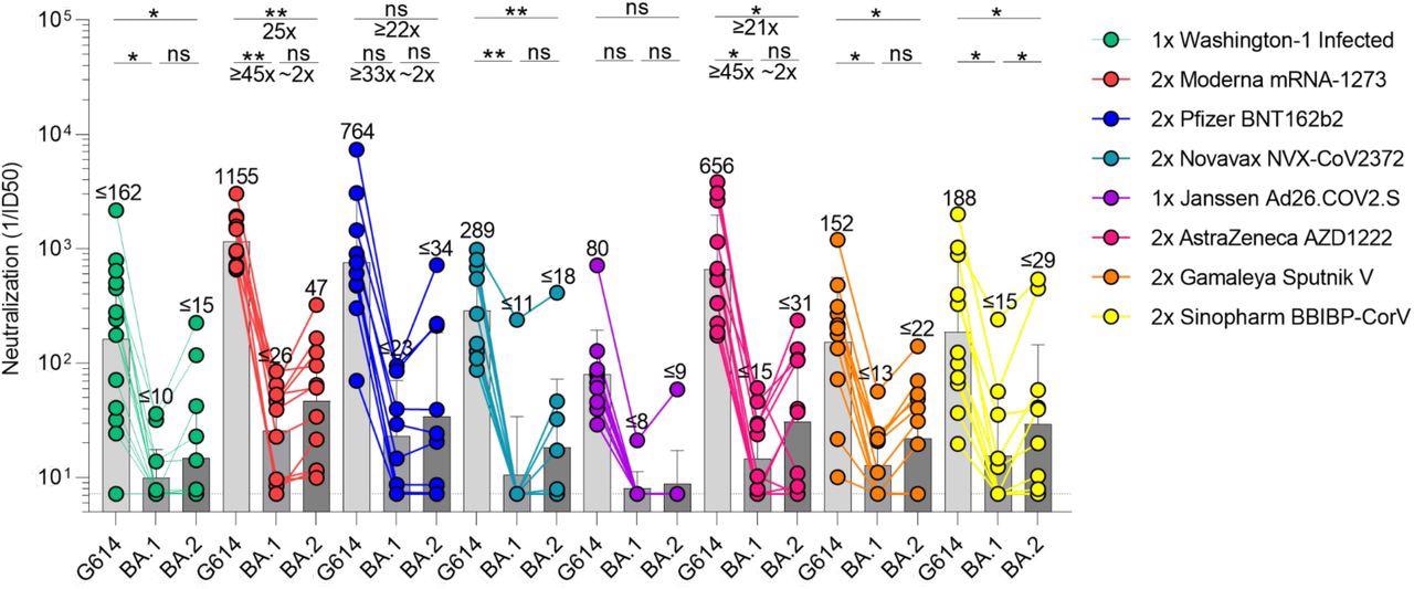 SARS-CoV-2 Omicron BA.1 and BA.2 evade human plasma neutralizing antibodies elicited by infection or primary vaccine series. Plasma neutralizing antibody titers elicited by primary COVID-19 vaccination determined using SARS-CoV-2 spike VSV pseudotypes using VeroE6-TMPRSS2 as target cells. Individual points are representative geometric mean titers from two independent experiments consisting of two replicates each. Bars represent geometric means and error bars represent geometric standard deviations for each group. Statistical significance between groups of paired data was determined by Wilcoxon rank test and *p< 0.05, **p< 0.01, ***p< 0.001, ****p< 0.0001.
