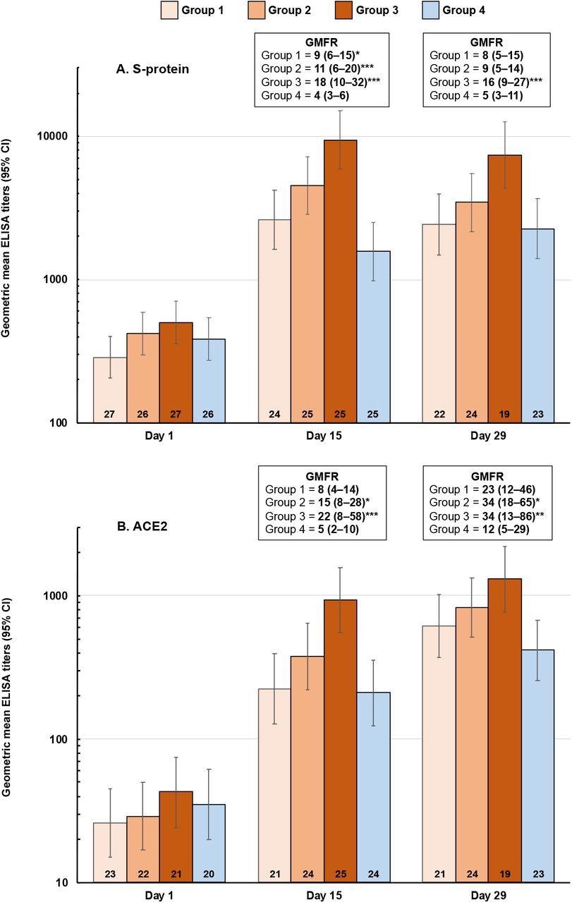 Booster vaccination responses shown as geometric mean titers (95% CI) of ELISA antibodies against SCB-2019 (panel A) and ACE2 (panel B) at Days 15 and 29 after vaccination. Geometric mean-fold rises (GMFR) from Day 1 (95% CI) are shown with ANCOVA p values of differences between Groups 1-3 (SCB-2019) and Group 4 (ChAdOx1-S): * p <0.05; ** p < 0.01, *** p < 0.001). Numbers in columns are n values per group.
