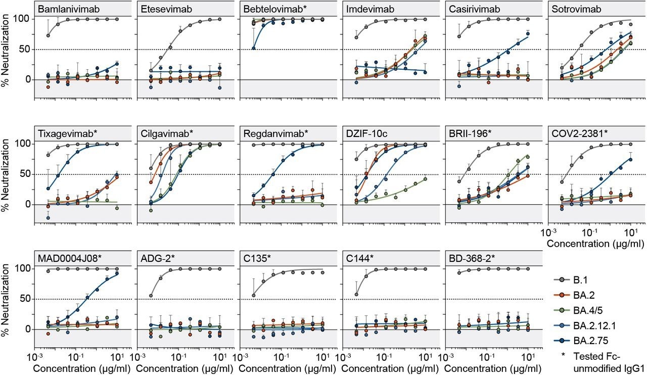 Monoclonal antibody neutralizing activity. Fitted SARS-CoV-2 pseudovirus neutralization curves of monoclonal antibodies. Circles and bars represent average values from two experiments (each performed with technical duplicates) and standard deviation. Dotted lines indicate 50% neutralization.