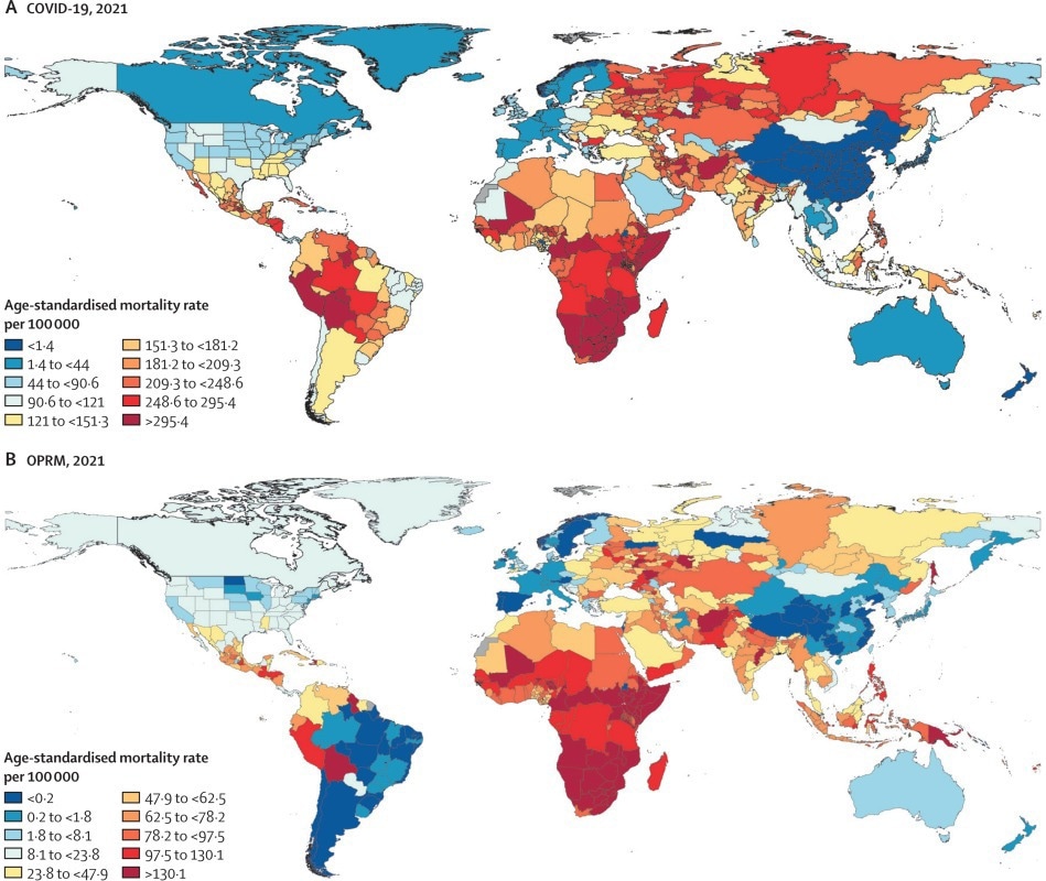 Global choropleth maps of COVID-19 (A) and OPRM (B) for 2021 that show sub-national detail where available.