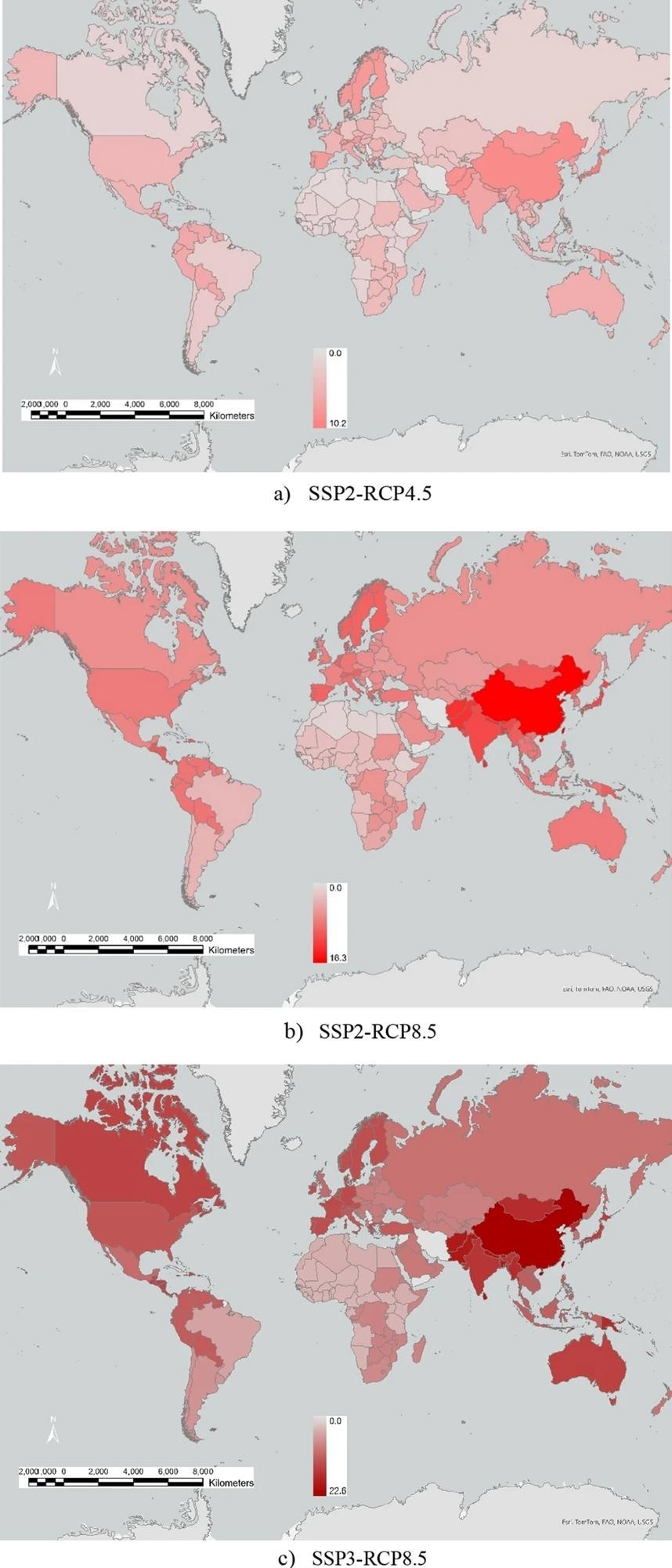 Regional food production reduction from irrigated agriculture due to heat stress and water stress in 2050 relative 2020 (% ranges). Model output; maps generated using ArcGIS Pro 3.3