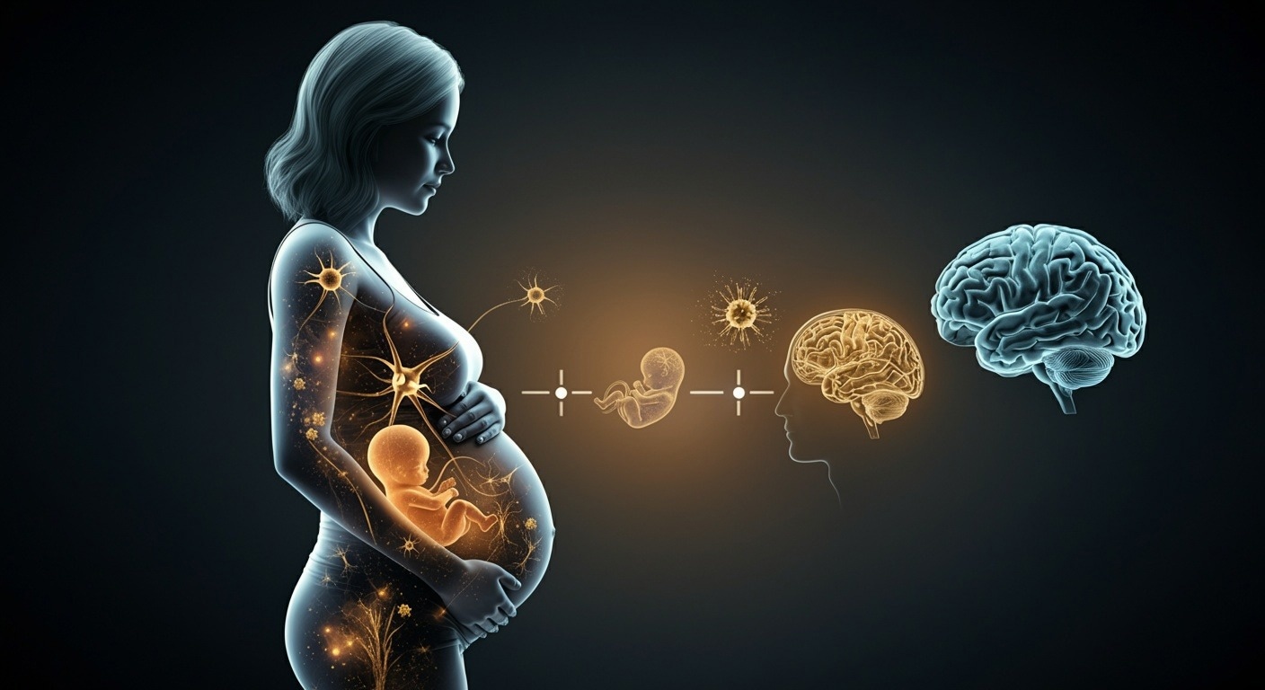 A silhouette of a pregnant woman with a glowing, interconnected network of neurons and immune cells within the womb area. In the background, a timeline-like fade transitioning from a fetal image to an adult human brain, symbolizing the journey from prenatal development to midlife cognitive effects.